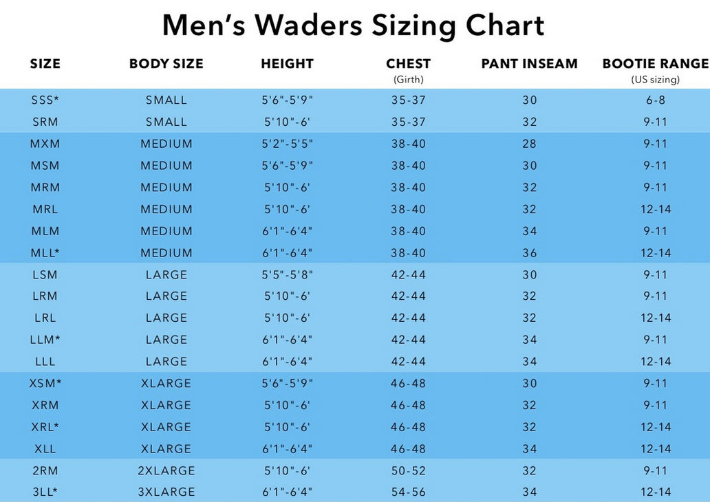 Wader Size Chart Trout Creek Outfitters